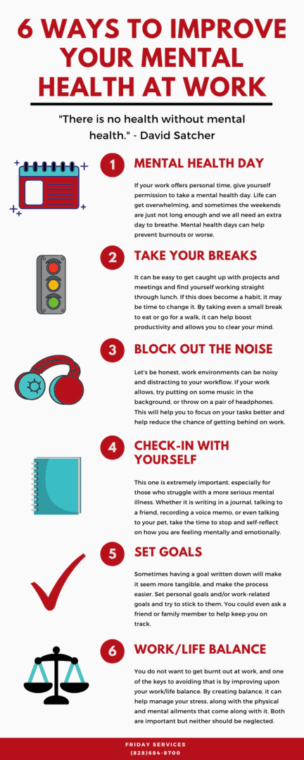6 Ways to Improve your Mental Health at Work infographic by Friday Services in Asheville